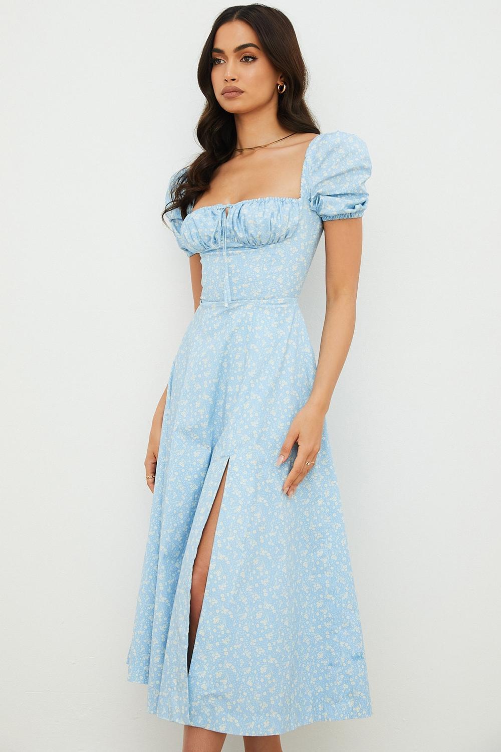 Tallulah Blue Ivory Floral Puff Sleeve Midi Dress Product Image