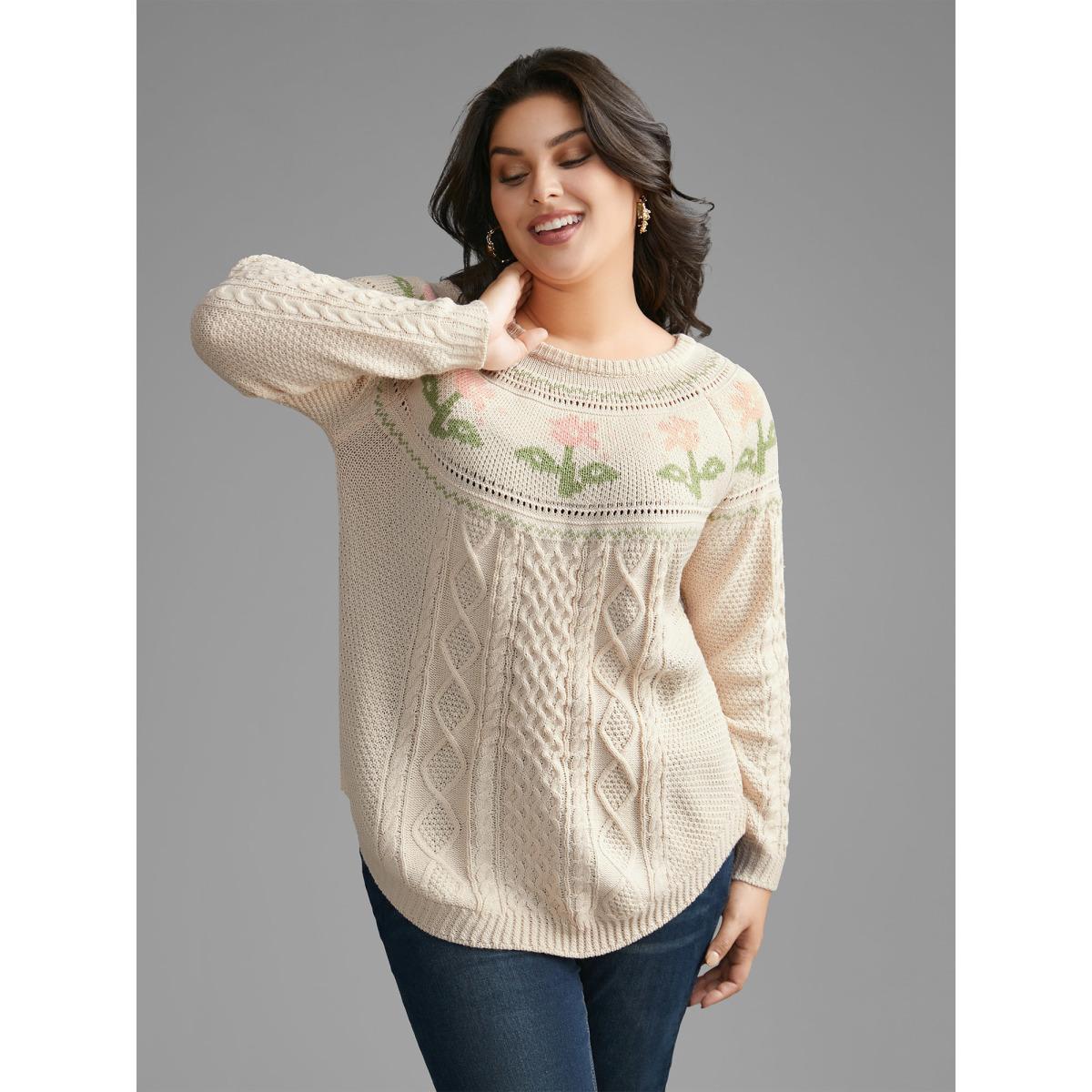 Plus Size Floral Jacquard Raglan Sleeve Pullover Apricot Women Casual Long Sleeve Round Neck Everyday Pullovers BloomChic 10/M Product Image
