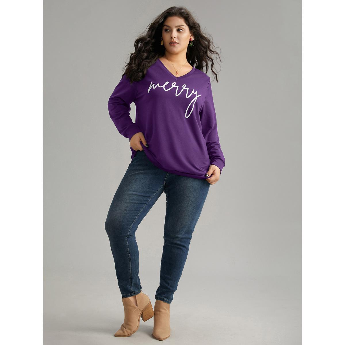 Plus Size Season's Greetings Printed V-Neck Sweatshirt Women Eggplant Casual Printed V-neck Festival-Christmas Sweatshirts BloomChic 12/L Product Image