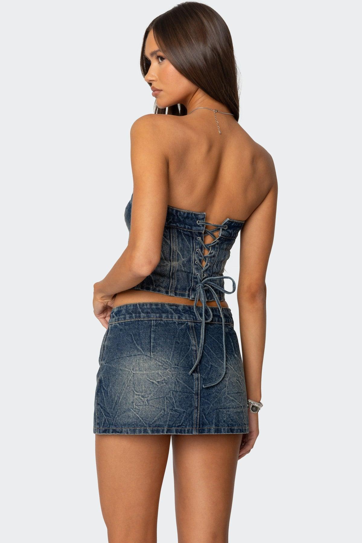 Guinevere Zip Washed Denim Mini Skirt Product Image