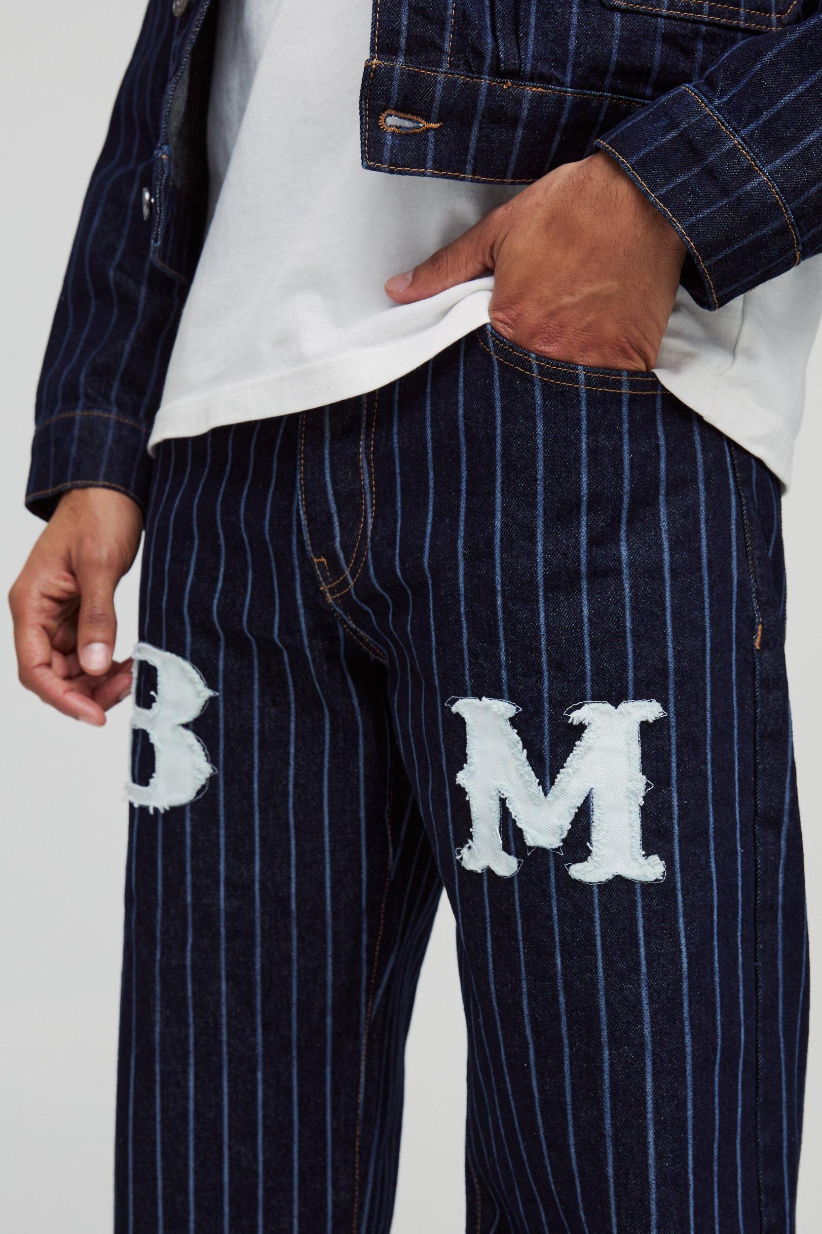 Relaxed Fit Pinstripe Denim Applique Jeans | boohooMAN USA Product Image