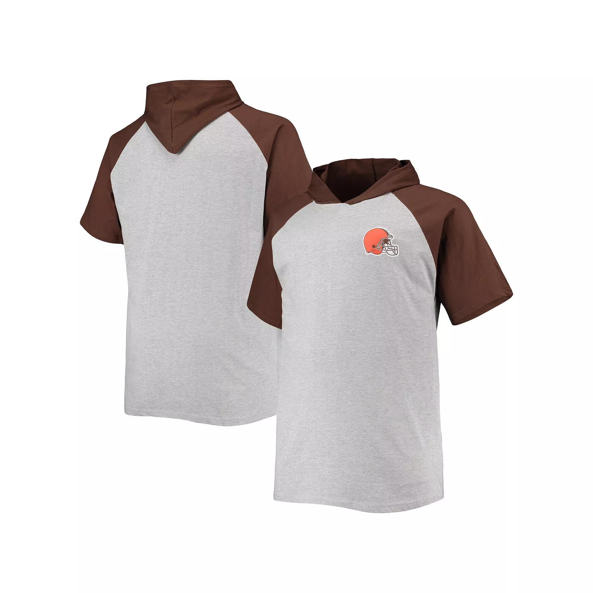 Men's Heathered Gray/Brown Cleveland Browns Big & Tall Raglan Short Sleeve Pullover Hoodie, Size: 2XLT, Grey Product Image