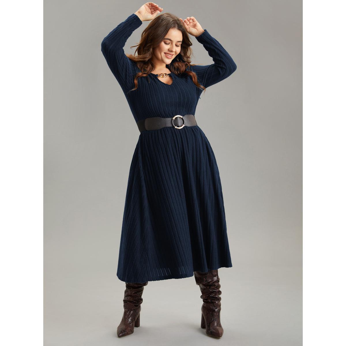 Plus Size Rib Knit Plain Notched Pocket Dress DarkBlue Women Work From Home Rib Knit Notched collar Long Sleeve Curvy Midi Dress BloomChic 28/5X Product Image