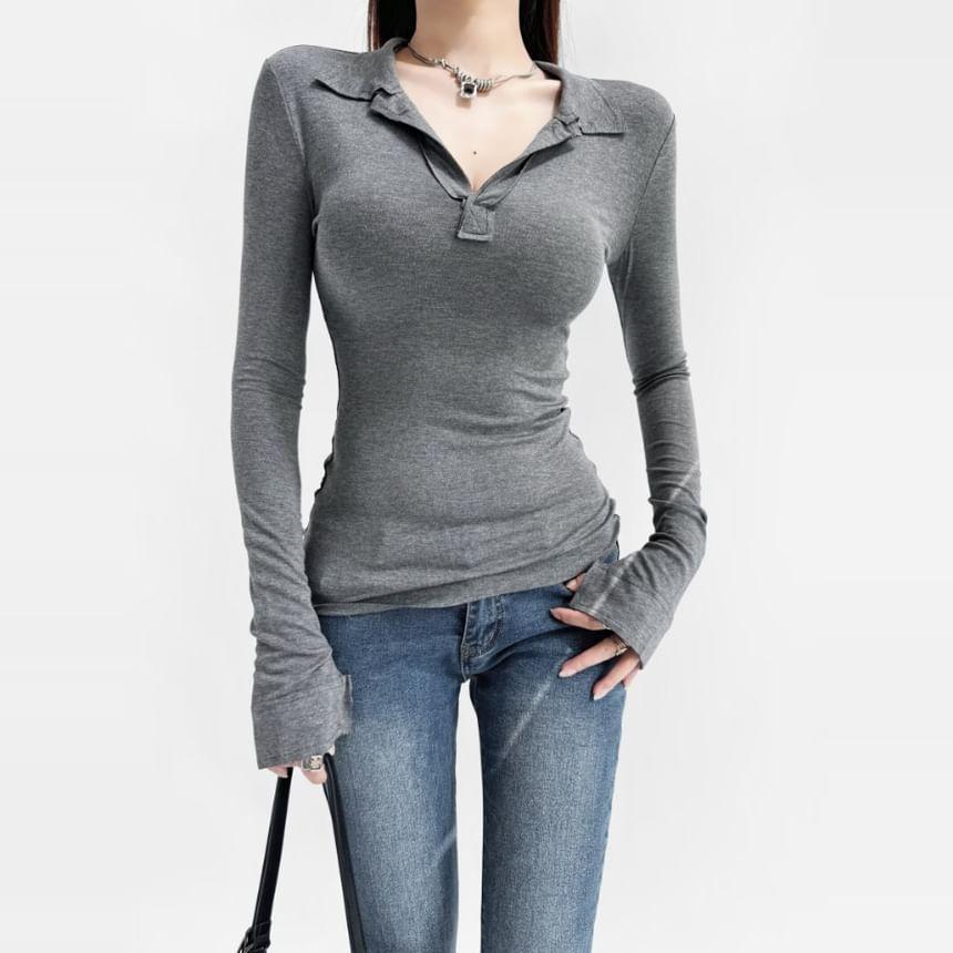 Long-Sleeve V-Neck Collared Plain Slim Fit Tee Product Image