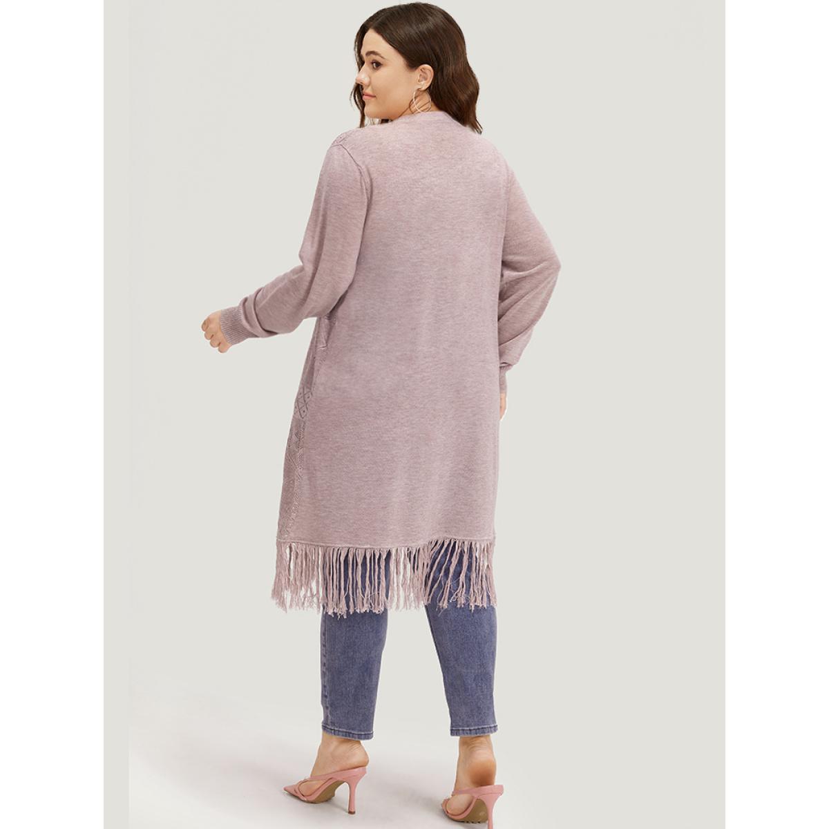 Plus Size Geometric Eyelet Fringe Trim Open Front Cardigan WhiteSmoke Women Casual Loose Long Sleeve Dailywear Cardigans BloomChic 26/4X Product Image