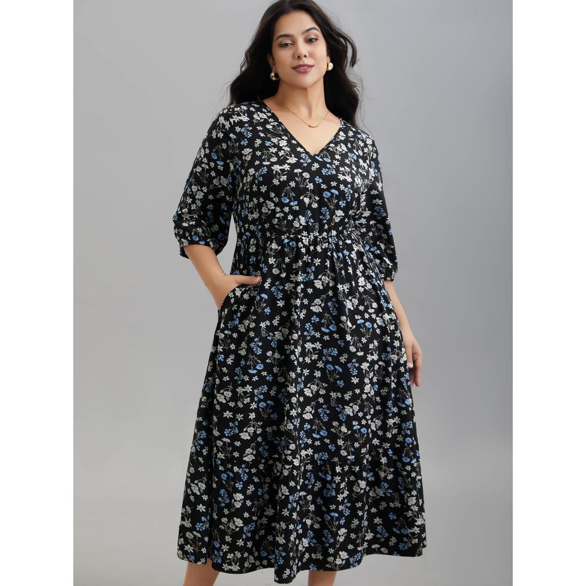 Plus Size Floral Print Stretchy-Waist Pockets Midi Dress BlackFlower Women Elegant Non V-neck Elbow-length sleeve Curvy BloomChic 18-20/2X Product Image