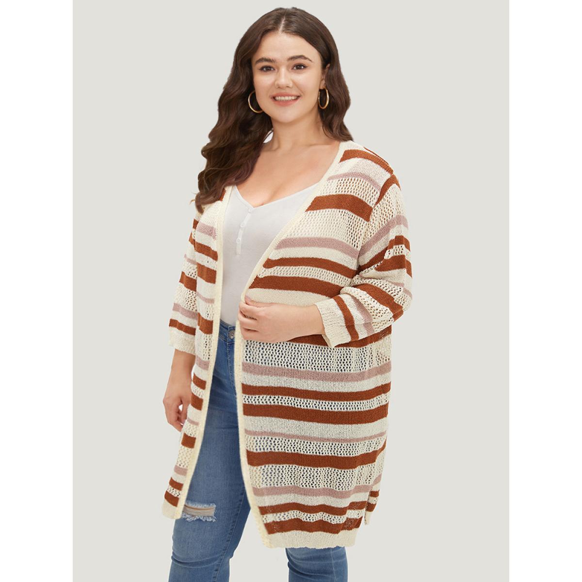 Plus Size Striped Hollow Out Open Front Split Hem Cardigan Multicolor Women Casual Loose Elbow-length sleeve Dailywear Cardigans BloomChic 12/L Product Image