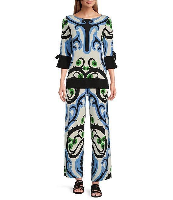 Eva Varro Baroque Print Knit Jersey Boat Neck 3/4 Tie Sleeve Tunic Product Image