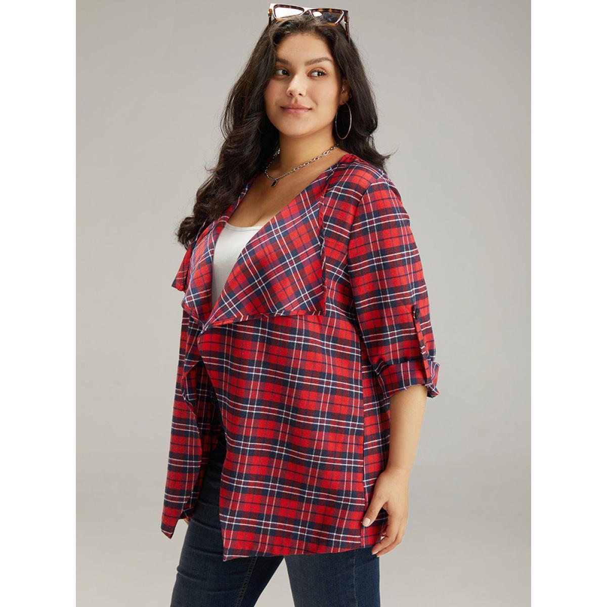 Plus Size Plaid Asymmetrical Hem Tab Sleeve Jacket Women Scarlet Button Dailywear Jackets BloomChic 10/M Product Image