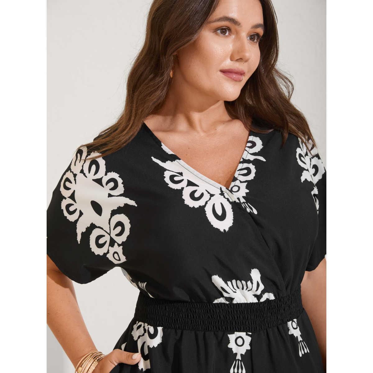 Plus Size Black Boho Print Shirred Waist Surplice Jumpsuit Women Short sleeve Overlap Collar Vacation Loose Jumpsuits BloomChic 26/4X Product Image
