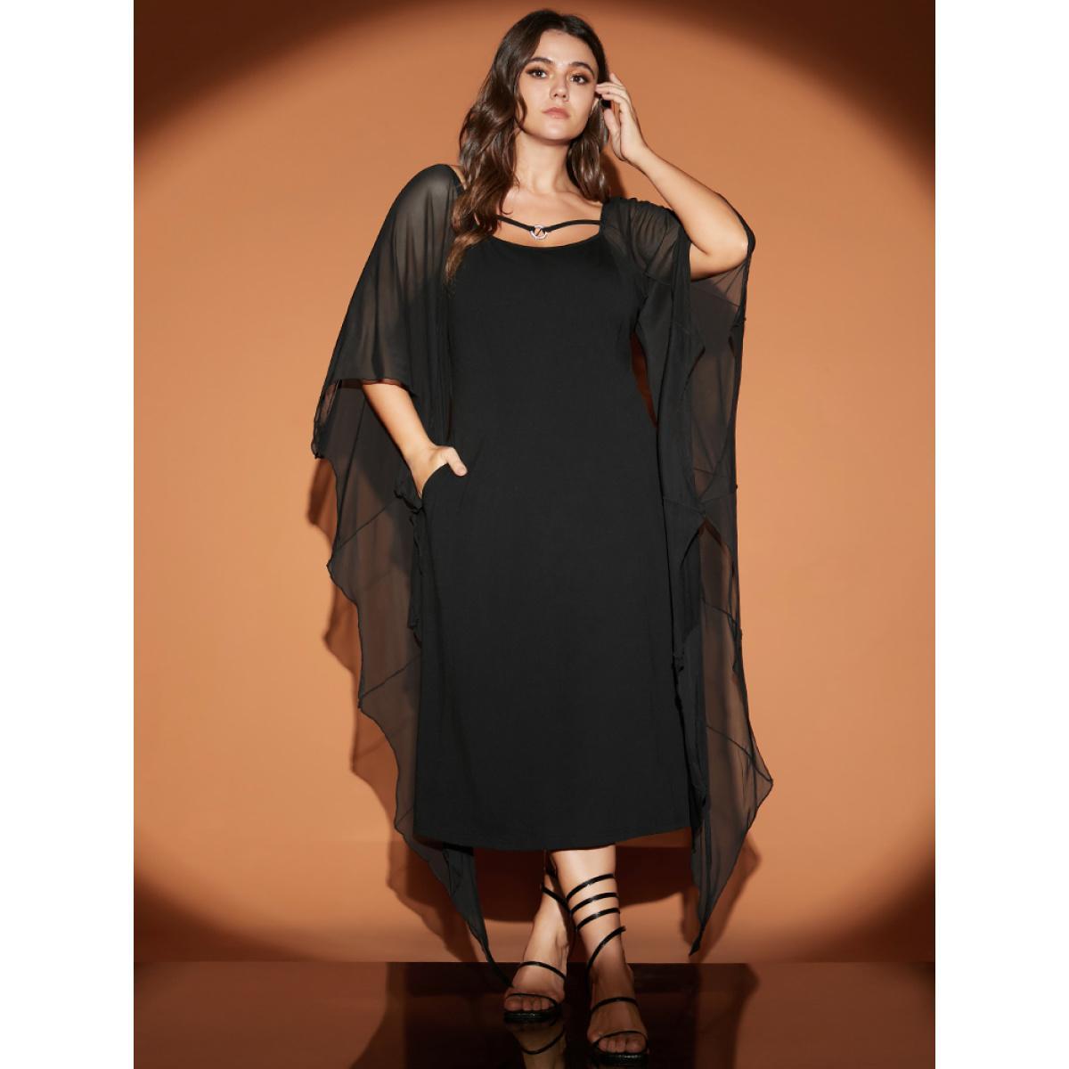 Plus Size Halloween Asymmetrical Dolman Sleeve Backless Ties Neck Bodycon Dress Black Women Glamour Patchwork Square Neck Extra Long Sleeve Curvy Midi Dress BloomChic 30/6X Product Image