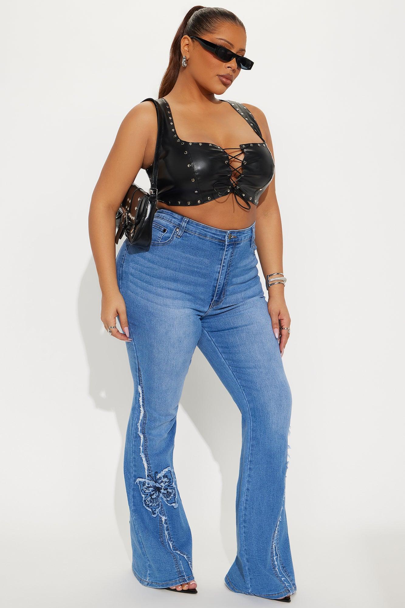 Fluttering Butterfly Embroidered Flare Jeans - Medium Wash Product Image