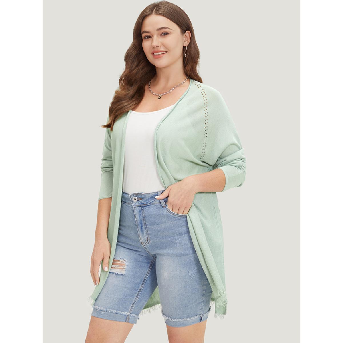 Plus Size Solid Open Front Fringe Trim Cardigan LightGreen Women Casual Long Sleeve Everyday Cardigans BloomChic 22-24/3X Product Image