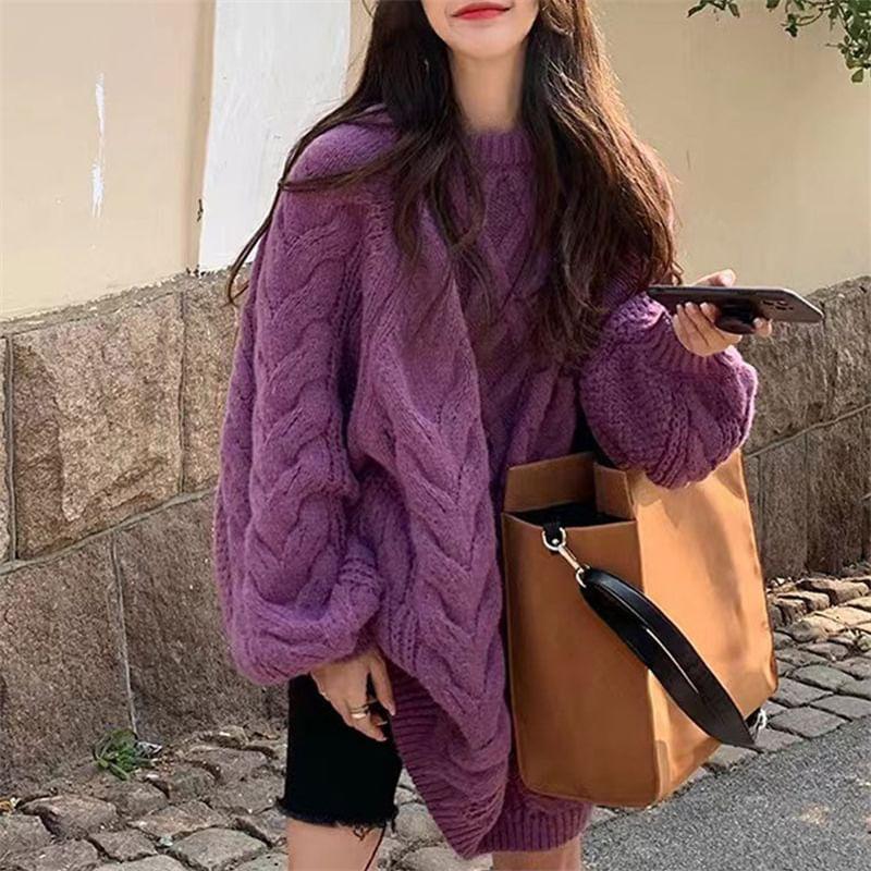 Crewneck Cable Knit Plain Sweater Product Image