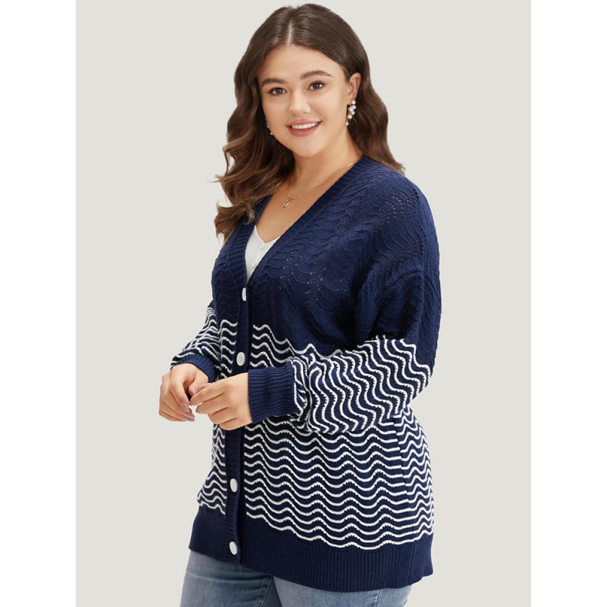 Plus Size Water Ripple Button Fly Elastic Cuffs Cardigan DarkBlue Women Casual Loose Long Sleeve Dailywear Cardigans BloomChic 22-24/3X Product Image