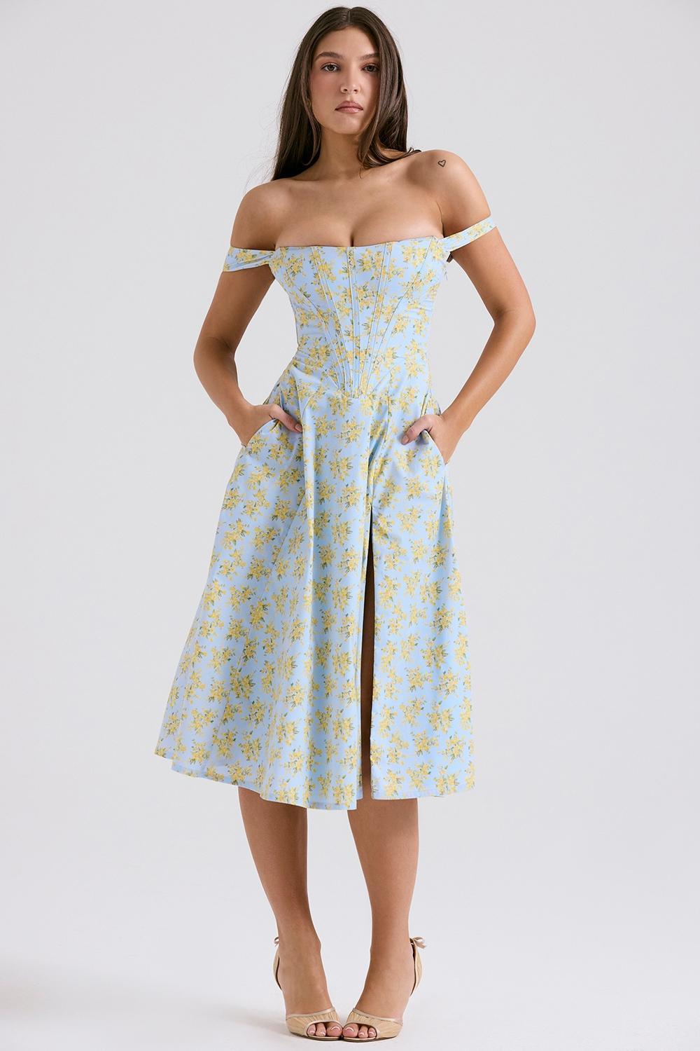 Saira Soft Blue Vintage Floral Print Cotton Midi Sundress Product Image