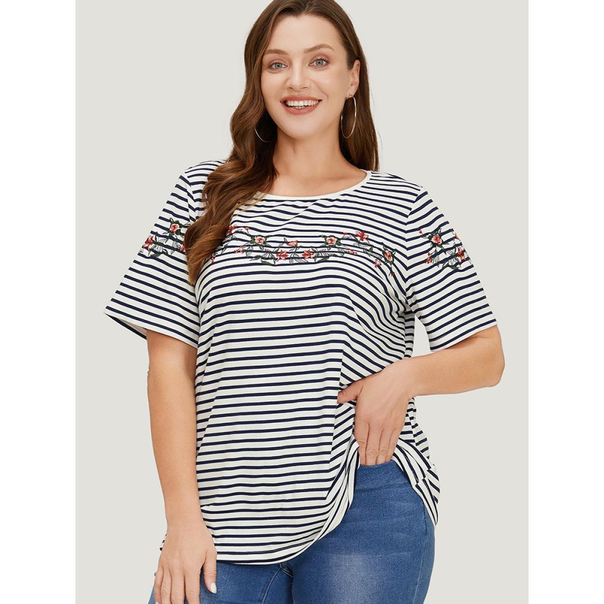 Plus Size Floral Embroidered Slightly Stretchy Striped T-shirt Navy Women Elegant Embroidered Striped Round Neck Dailywear T-shirts BloomChic 12/L Product Image