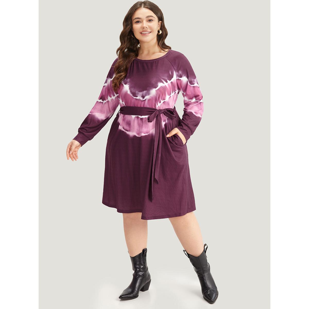 Plus Size Tie Dye Pocket Round Neck Belted Raglan Sleeve Dress Multicolor Women Casual Belted Round Neck Long Sleeve Curvy Knee Dress BloomChic 26/4X Product Image