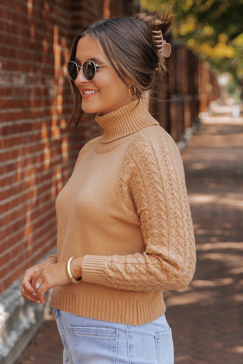 Camel Cable Knit Sleeve Turtleneck Sweater - FINAL SALE Female Product Image