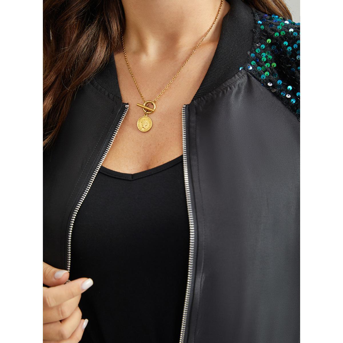 Plus Size Sequin Detail Patchwork Pocket Jacket Women Black Elastic cuffs Pocket Dailywear Jackets BloomChic 18-20/2X Product Image