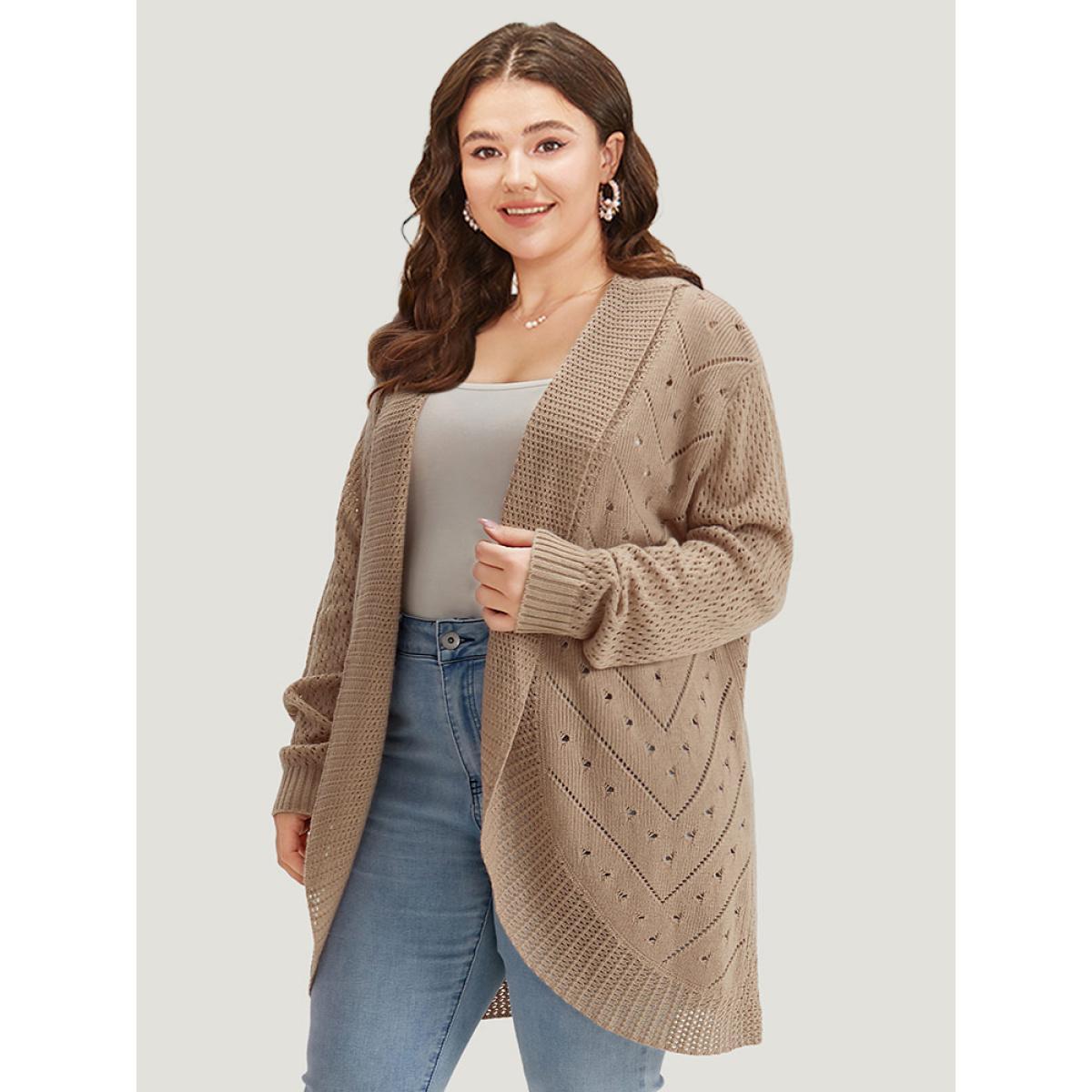 Plus Size Lapel Collar Geometric Eyelet Drop Shoulder Cardigan Rouge Women Casual Loose Long Sleeve Dailywear Cardigans BloomChic 10/M Product Image