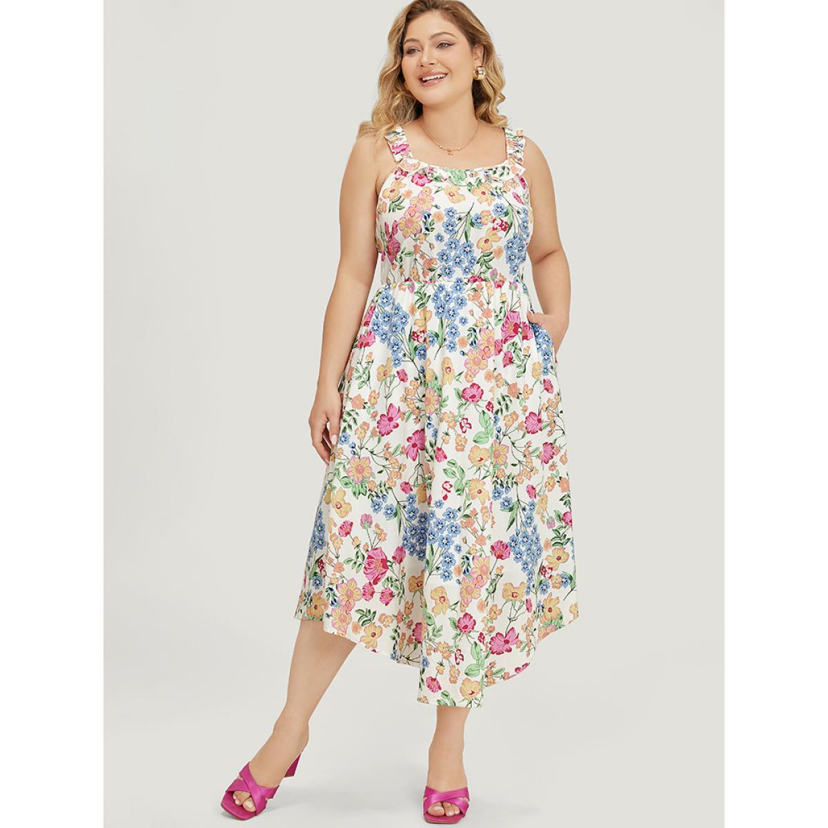 Plus Size Floral Arc Hem Pocket Square Neck Ruffle Trim Cami Dress Multicolor Women Elegant Arc Hem Square Neck Sleeveless Curvy Midi Dress BloomChic 30/6X Product Image