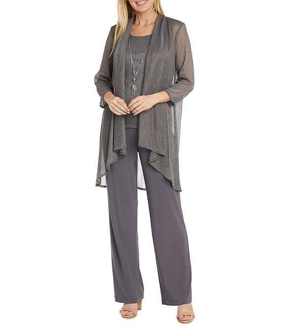 R & M Richards Pleated Crinkle Metallic Scoop Neck 3/4 Sleeve 2-Piece Pant Set Product Image