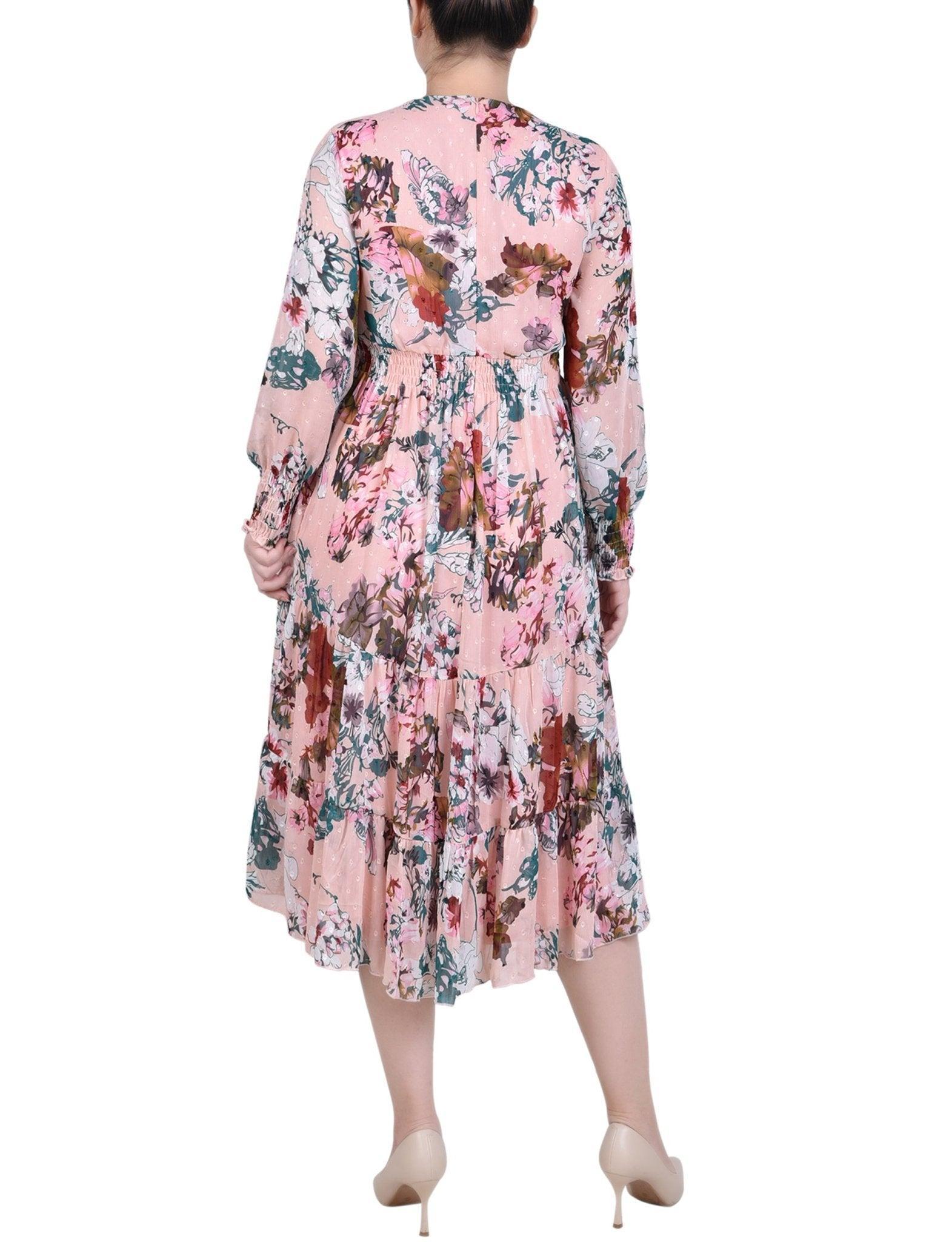 Blush Water Color Floral Long Sleeve Clip Dot Chiffon Dress With Smocked Waist and Cuffs Product Image