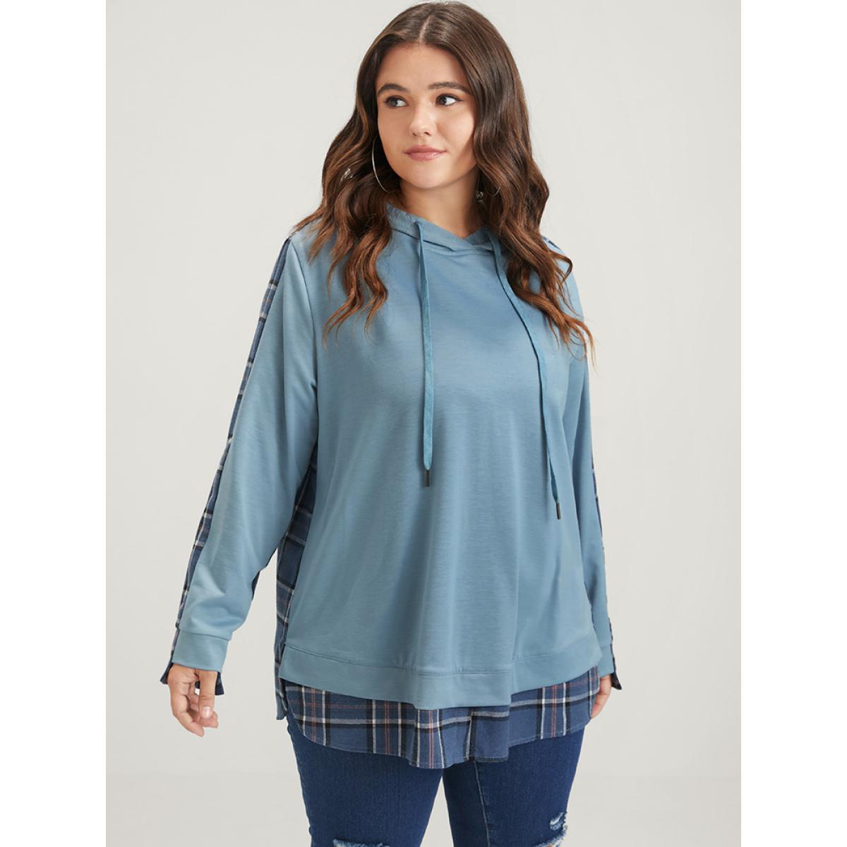 Plus Size Plaid Contrast Asymmetrical Drawstring Hooded Sweatshirt Women DarkBlue Casual Contrast Loose Hooded Dailywear Sweatshirts BloomChic 18-20/2X Product Image