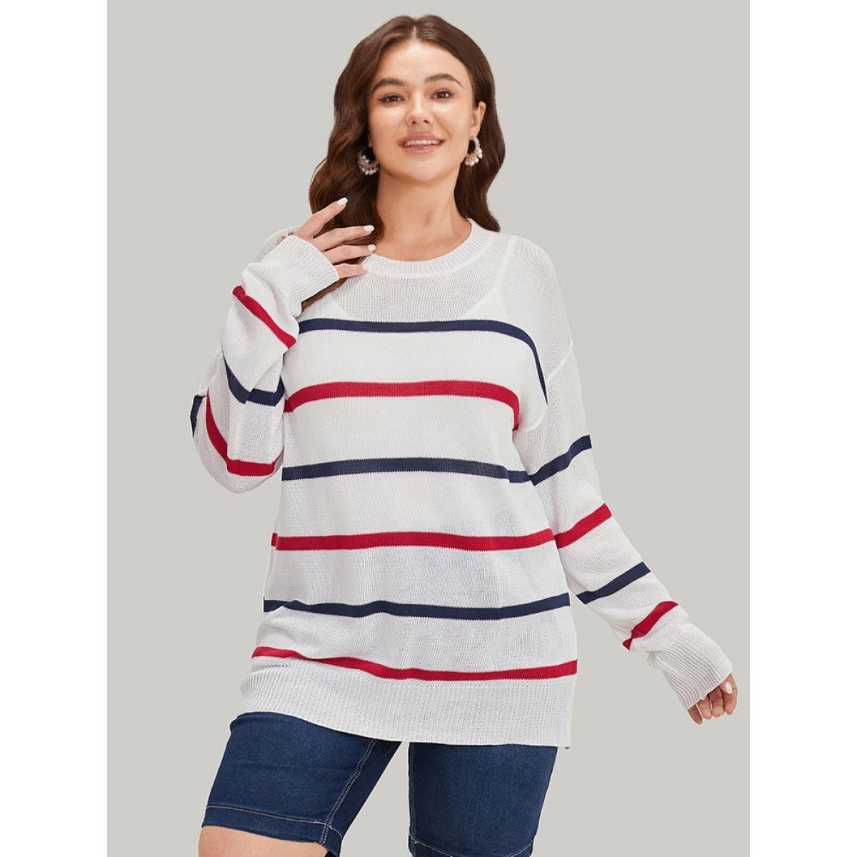 Plus Size Striped Contrast Drop Shoulder Pullover White Women Casual Bodycon Long Sleeve Round Neck Dailywear Pullovers BloomChic 30/6X Product Image