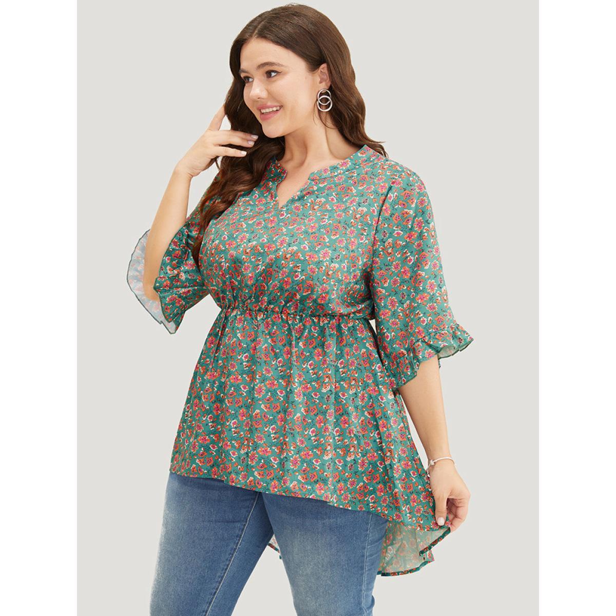 Plus Size Emerald Ditsy Floral Ruffle Sleeve Notched High Low Hem Blouse Women Elegant Short sleeve Notched collar Dailywear Blouses BloomChic 30/6X Product Image