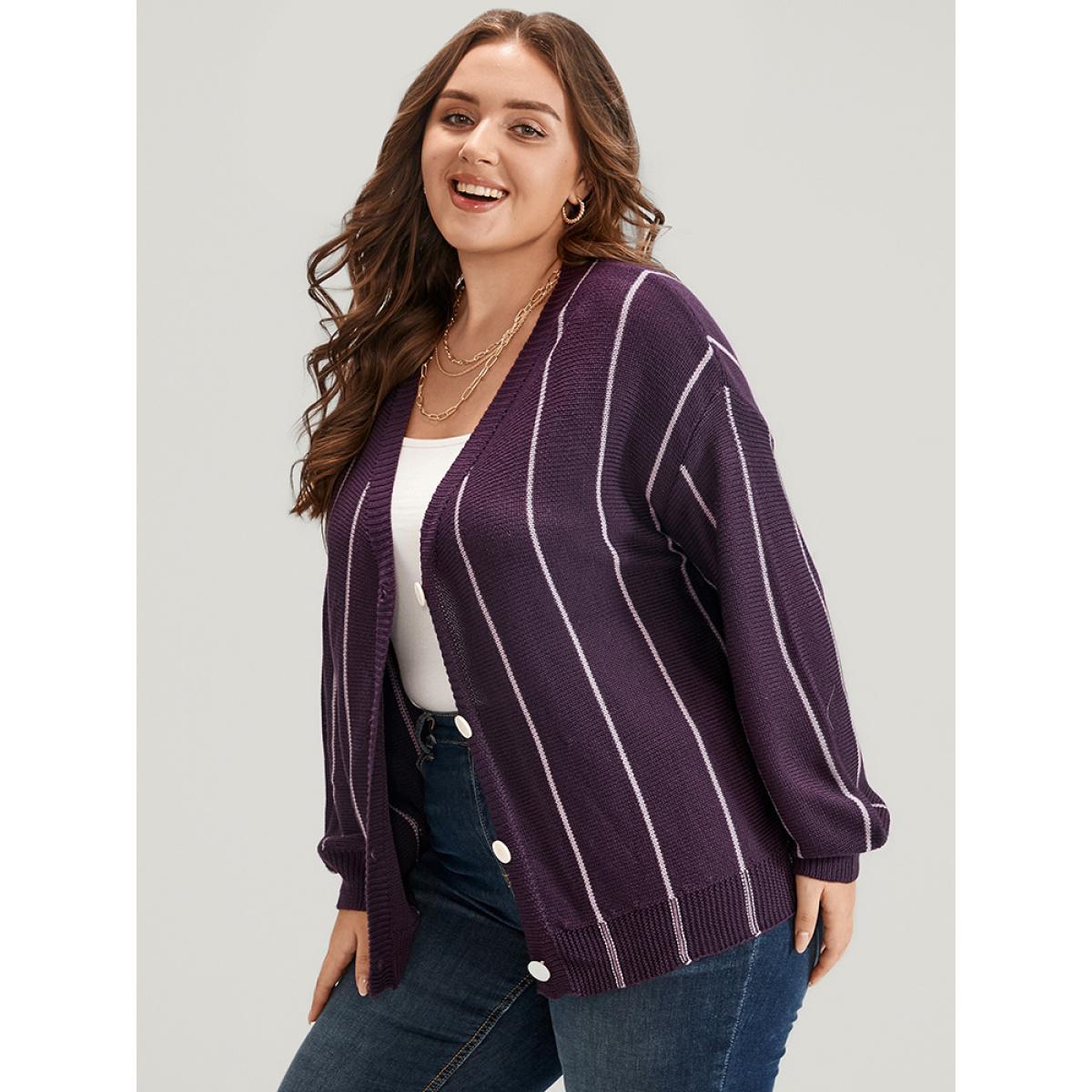 Plus Size Vertical Striped Contrast Pointelle Knit Lantern Sleeve Button Front Cardigan Eggplant Women Casual Loose Long Sleeve Dailywear Cardigans BloomChic 22-24/3X Product Image