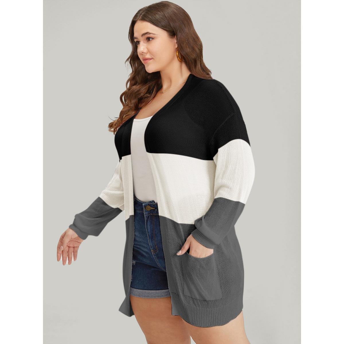 Plus Size Colorblock Pocket Drop Shoulder Elastic Cuffs Contrast Cardigan Black Women Casual Loose Long Sleeve Dailywear Cardigans BloomChic 10/M Product Image