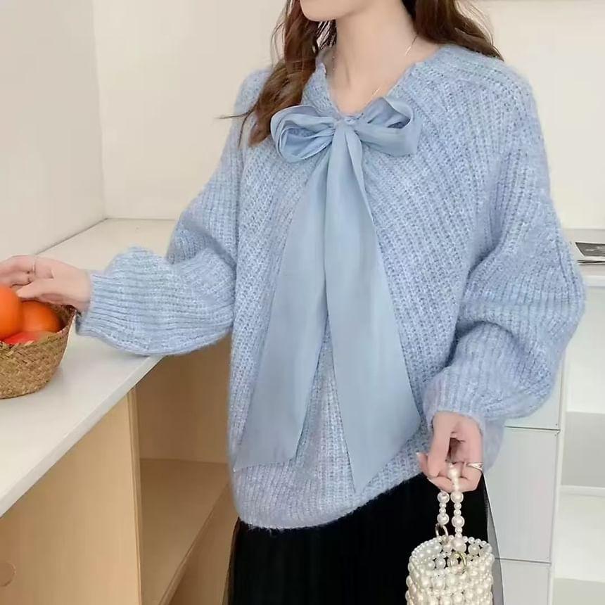 V-Neck Plain Bow Sweater Product Image