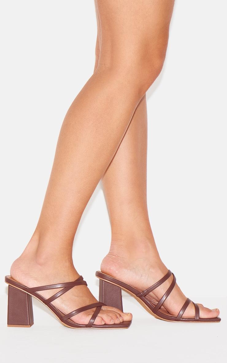 Brown PU Wide Fit Square Toe Strappy Block Heeled Mules Product Image