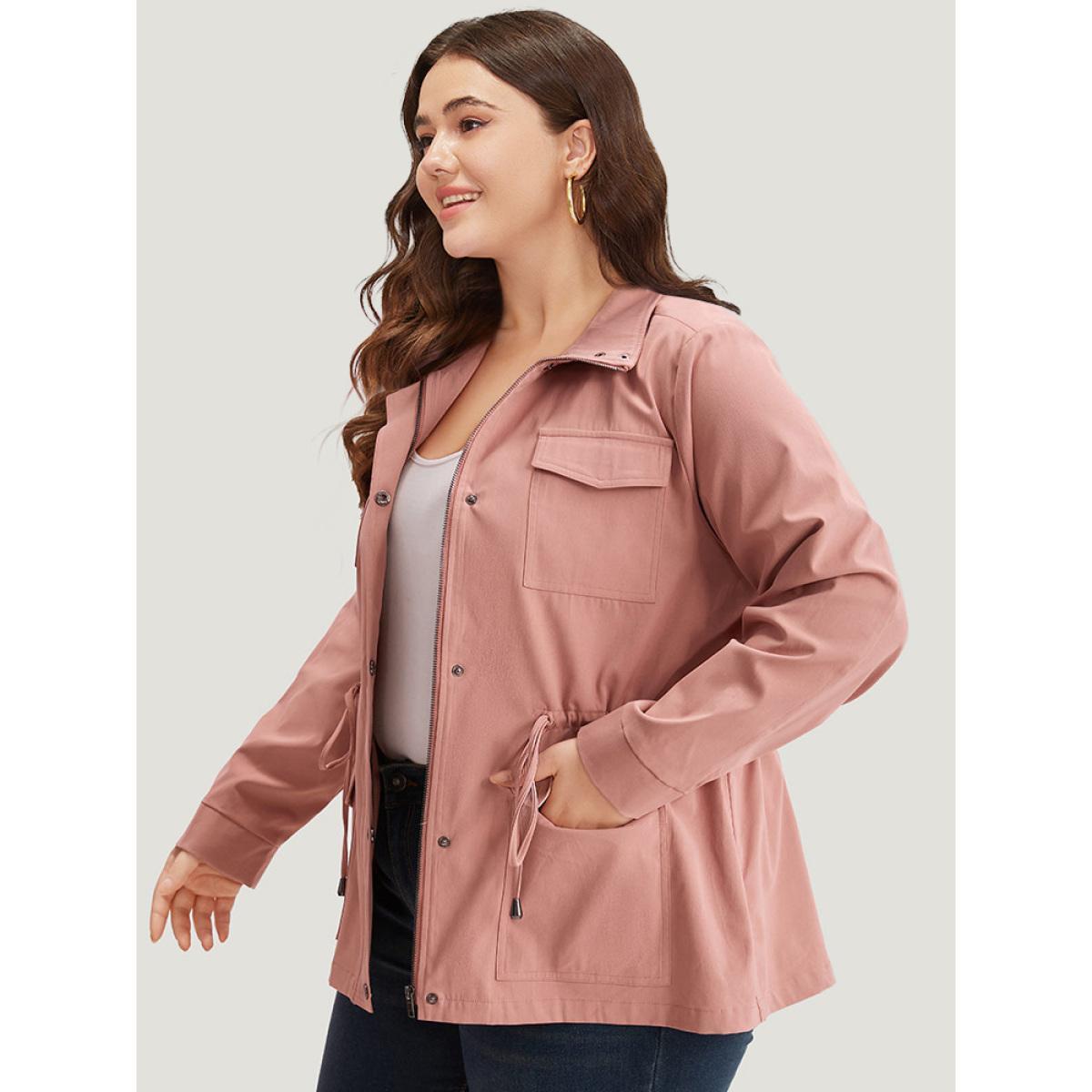 Plus Size Plain Pocket Button Through Drawstring Zipper Coat Women Rouge Plain Pocket Dailywear Jackets BloomChic 12/L Product Image
