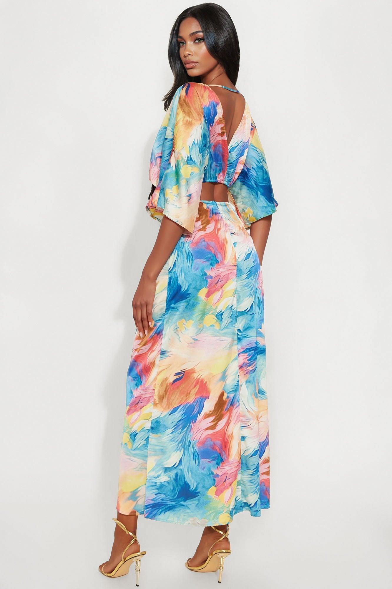 Janice Short Sleeve Satin Maxi Dress - Blue/combo Female Product Image