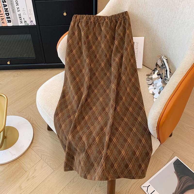 High Waist Plain Midi A-Line Skirt Product Image