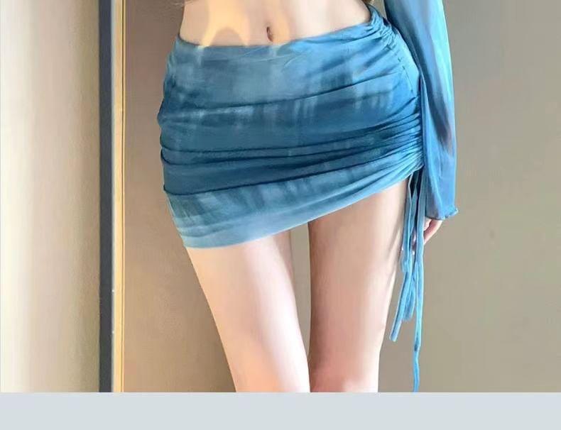 Set: Halter Tie Dye Bikini Top + Bikini Bottom + Flared-Sleeve Crop Top + Drawstring Swim Skirt Product Image