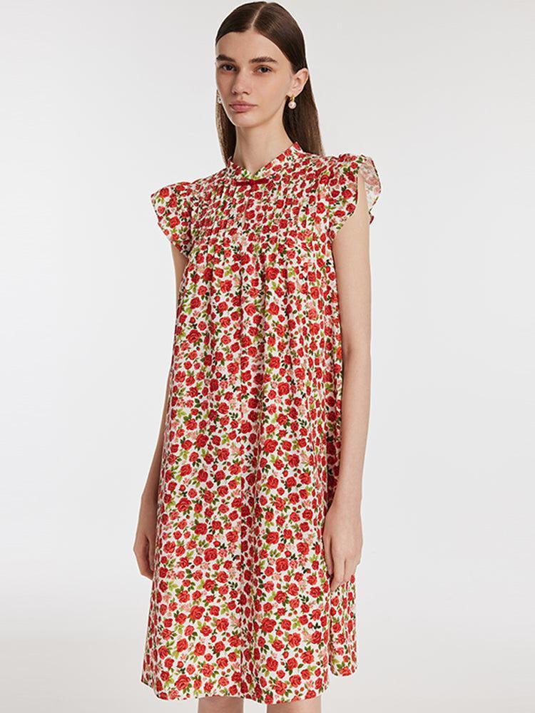 Rose Print Ruffle Sleeves Mandarin Collared Women Mini Dress Product Image