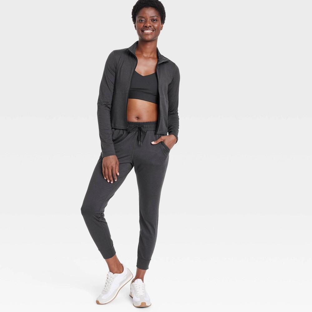 Womens Soft Stretch Mid-Rise Joggers - All In Motion Heathered Black XL: Moisture Wicking, Quick Drying Product Image