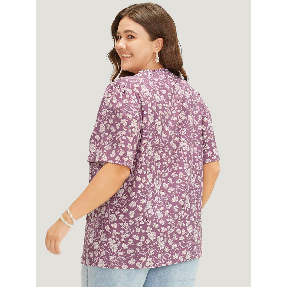 Plus Size Mauve Ditsy Floral Button Up Frill Trim Notched Blouse Women Elegant Short sleeve Notched collar Dailywear Blouses BloomChic 12/L Product Image