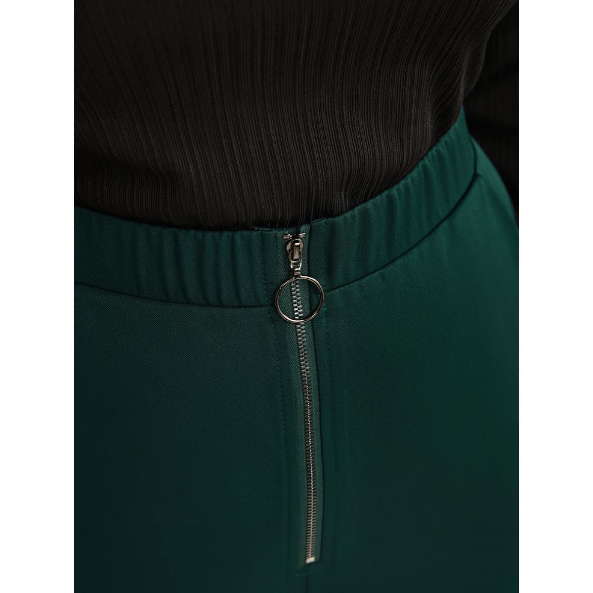Plus Size Solid O Ring Zipper Pocket Elastic Waist Wide Leg Pants Women DarkGreen Office Wide Leg High Rise Work Pants BloomChic 26/4X Product Image