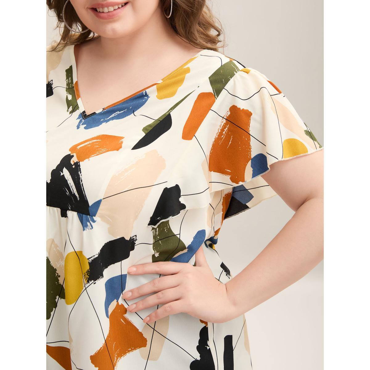 Plus Size Multicolor Brush Abstract Print Flounce Sleeve Blouse Women Short sleeve V-neck Everyday-Elegant Blouses BloomChic 26/4X Product Image