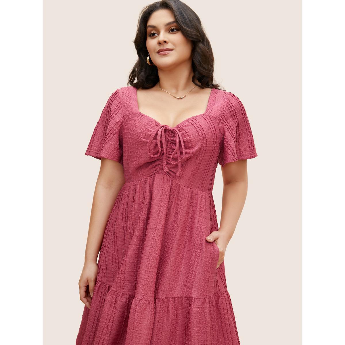 Plus Size Textured Heart Neckline Ruffle Sleeve Dress Rosered Women Elegant Texture Heart neckline Short sleeve Curvy BloomChic 14-16/1X Product Image