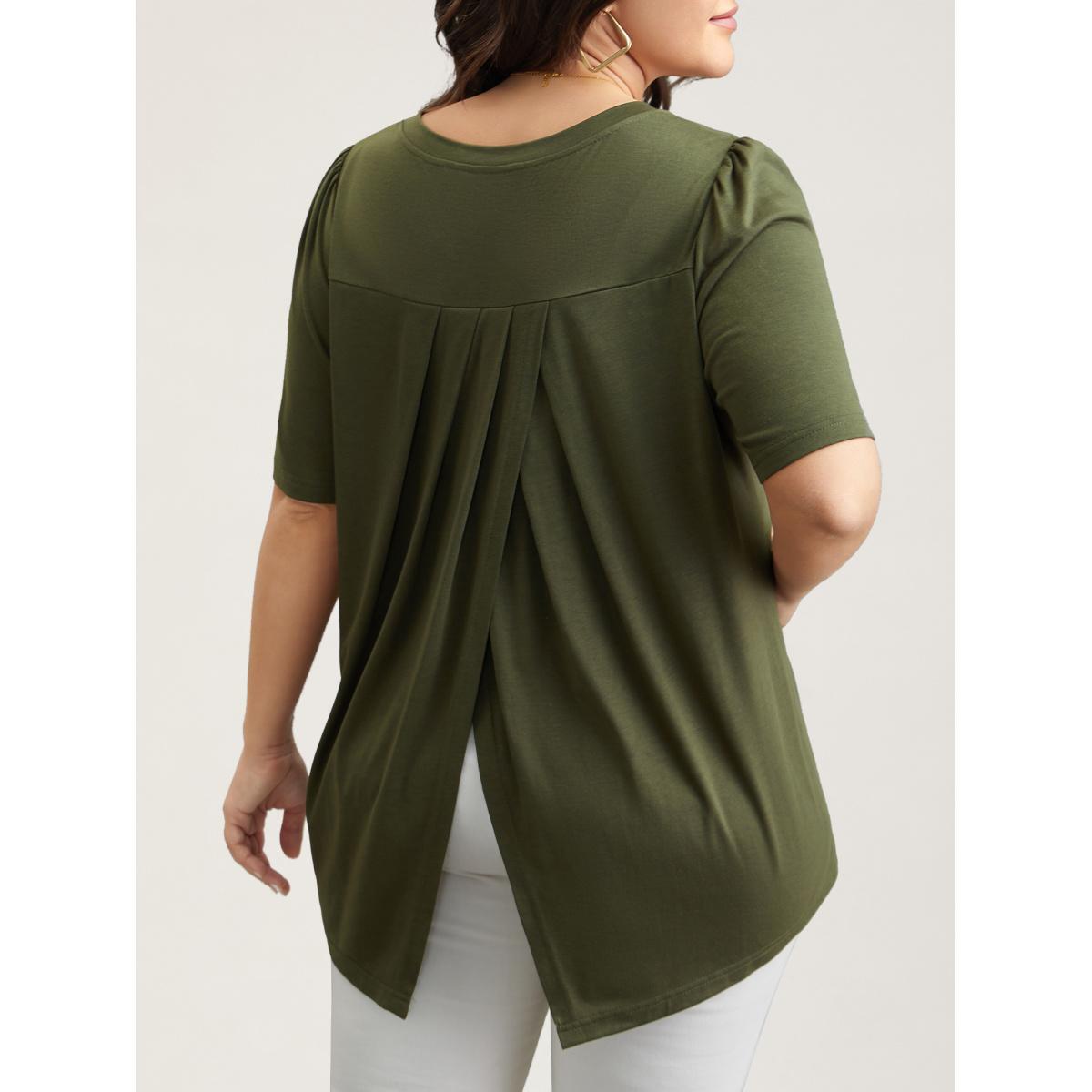 Plus Size Back Pleats V-Neck Split T-Shirt ArmyGreen Women Casual Overlapping V-neck Everyday T-shirts BloomChic 26/4X Product Image