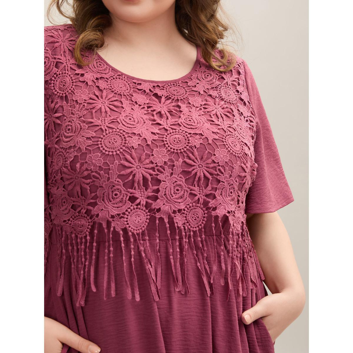 Plus Size Lace Detail Pockets Round Neck Midi Dress Rouge Women Casual Woven ribbon&lace trim Round Neck Short sleeve Curvy BloomChic 22-24/3X Product Image