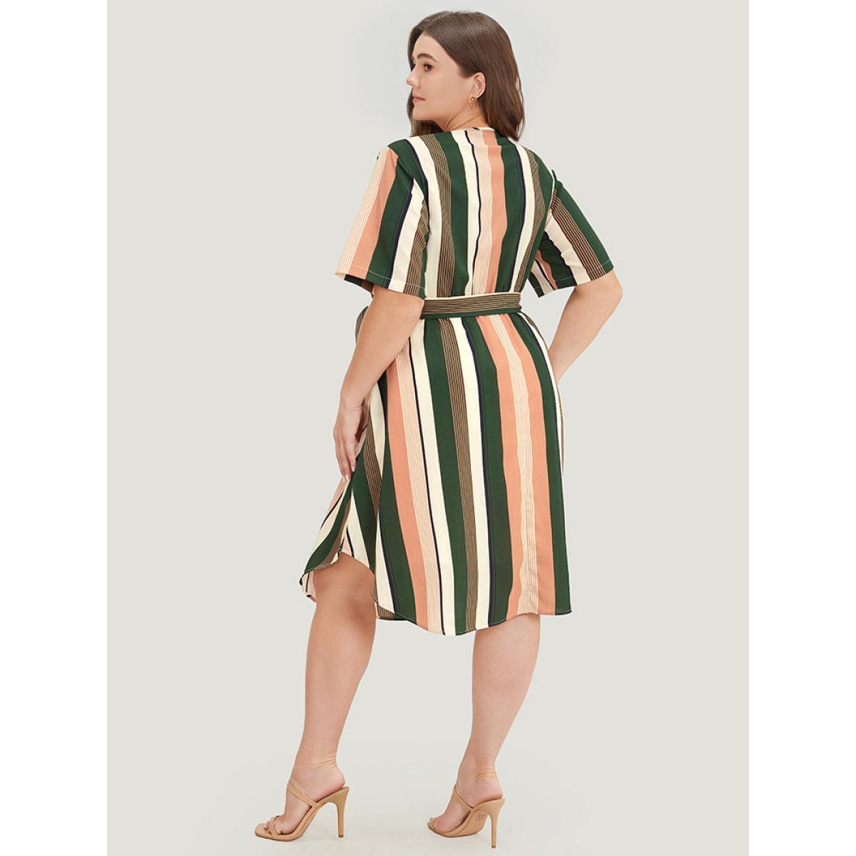 Plus Size Striped Contrast Pocket Belt Arc Hem Zip Up Dress Multicolor Women Office Contrast V-neck Short sleeve Curvy Midi Dress BloomChic 14-16/1X Product Image