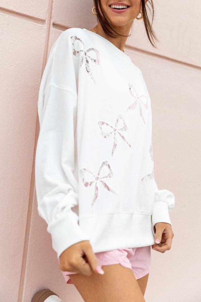 It's Forever Off White Bow Embroidered Lace Sweatshirt Product Image