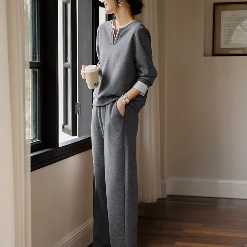 Set: Notched Two Tone Pullover + High Waist Straight Leg Pants Product Image